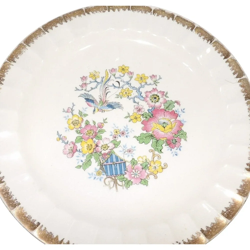 Cronin China Minerva OH Bird of Paradise Scalloped Gold Trim Dinner Plates Set 6